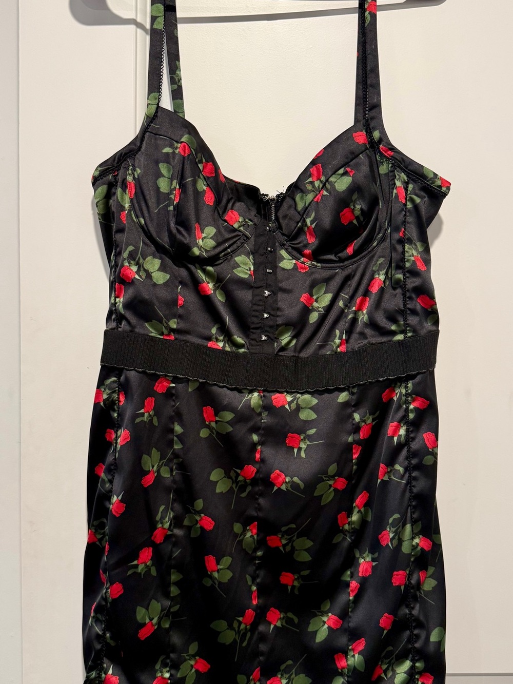 For Love And Lemons Black Satin Rose-Print Slip Dress